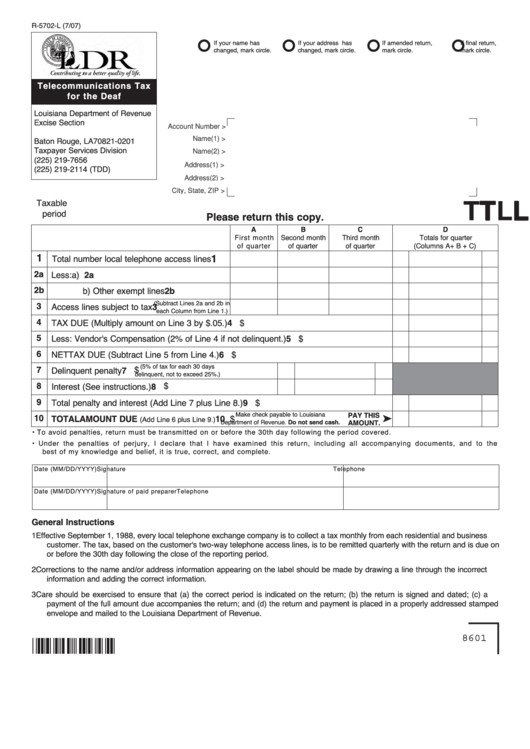 Fillable Form R-5702-L - Telecommunications Tax For The Deaf Printable pdf