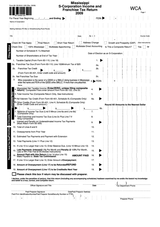 Fillable Form 85-105-09-8-1-000 - Mississippi S-Corporation Income And Franchise Tax Return - 2009 Printable pdf