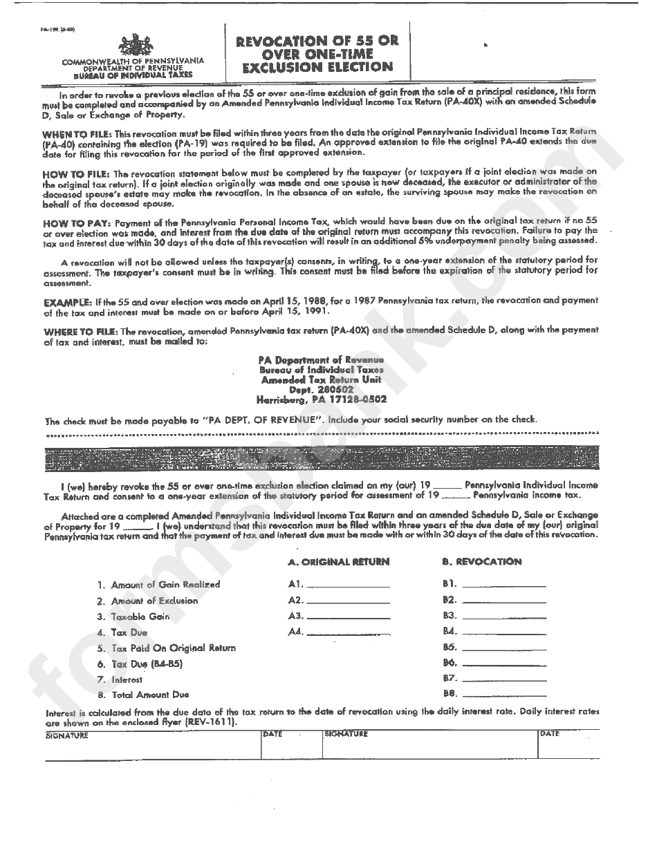 Form Pa-198 - Revocation Of 55 Or Over One-Time Exclusion Election