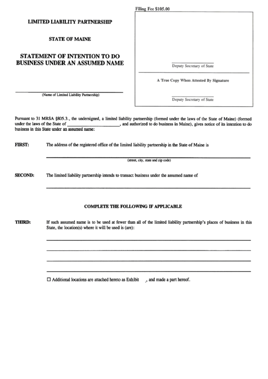 Form Mllp-5 - Statement Of Intention To Do Business Under An Assumed Name - State Of Maine Printable pdf