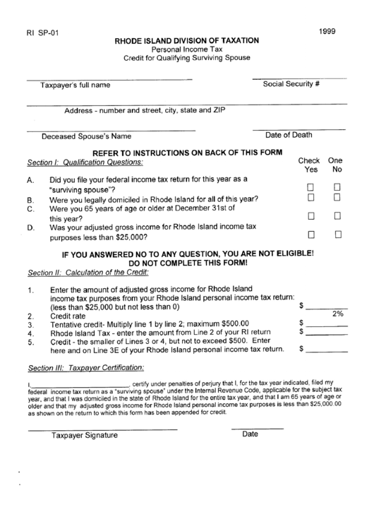 Form Ri Sp-01 - Personal Income Tax - Credit For Qualifying Surviving Spouse - 1999 Printable pdf