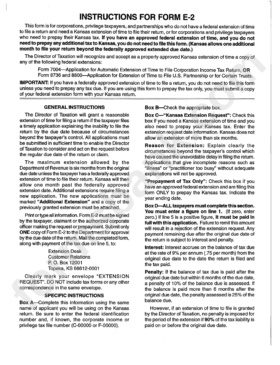 Instructions For Form E2 Kansas printable pdf download