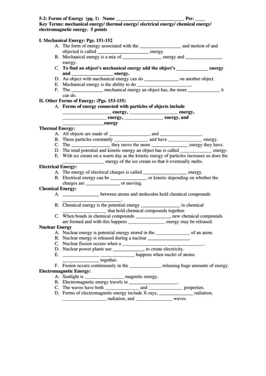 Forms Of Energy Worksheets Printable pdf