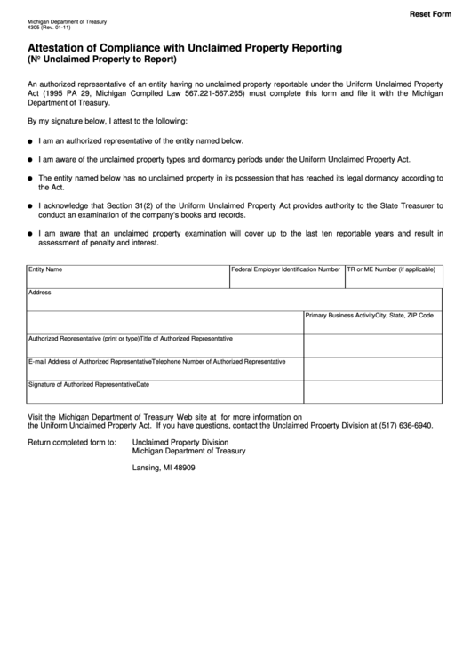 Fillable Form 4305 - Attestation Of Compliance With Unclaimed Property Reporting Printable pdf