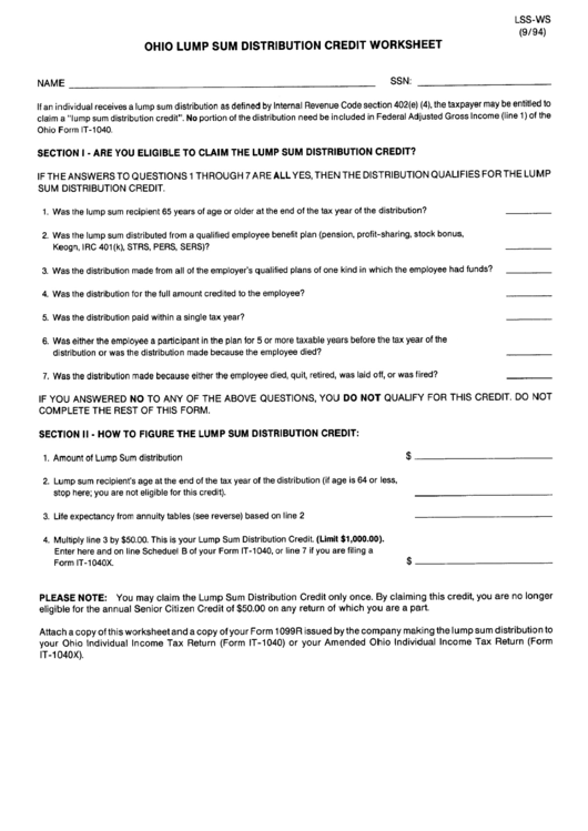 Form Lss-Ws - Ohio Lump Sum Distribution Credit Worksheet Printable pdf