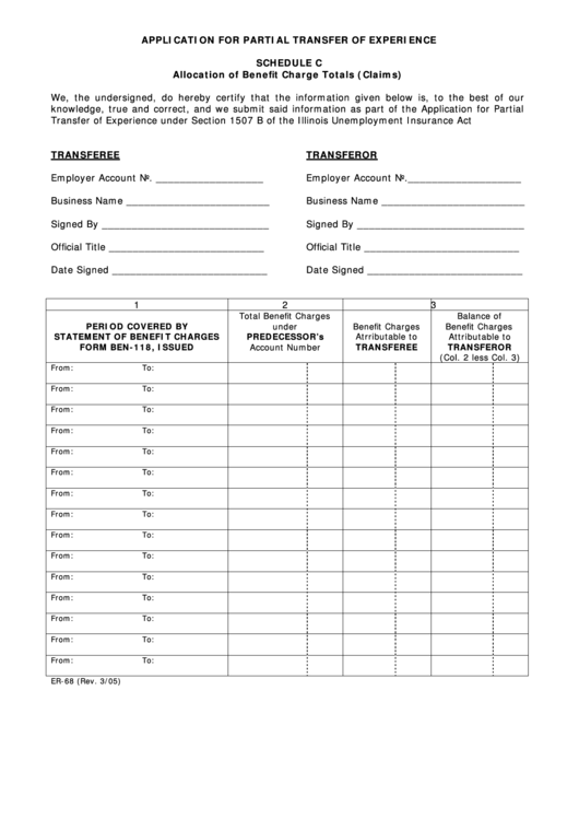 Fillable Form Er-68 - Application For Partial Transfer Of Experience Printable pdf