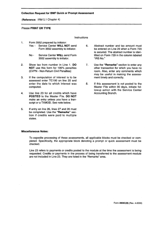 Form 2859c(B) - Collection Request For Bmf Quick Or Prompt Assessment Printable pdf