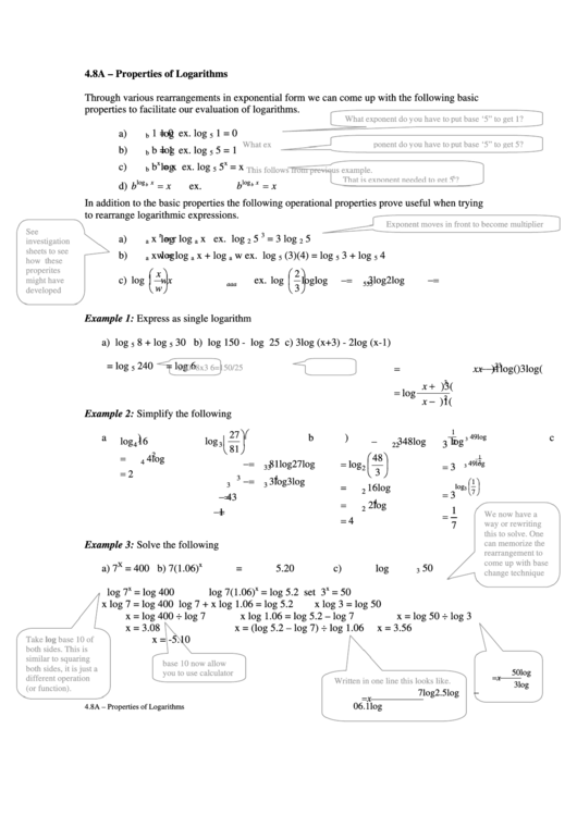 Properties Of Logarithms Investigation Sheet Printable pdf