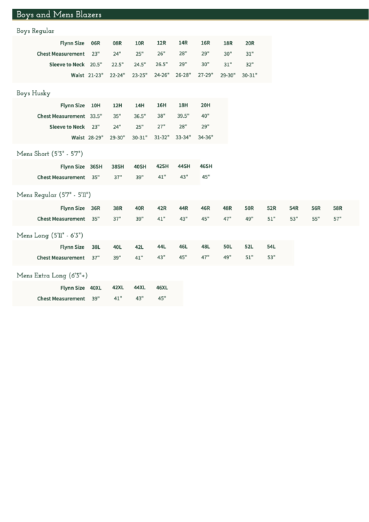 Boys And Mens Blazers Size Chart Printable pdf