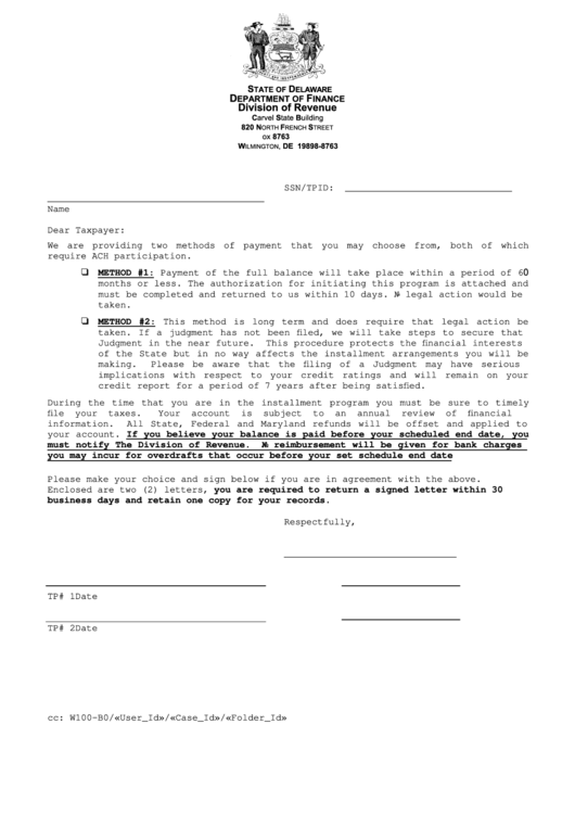 Instructions For Authorization Agreement Form For Automatic Payment Plan - Delaware Department Of Finance Printable pdf
