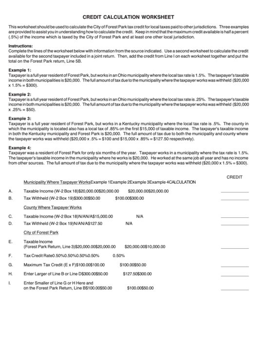 Credit Calculation Worksheet & Instructions For 2006 Income Tax Return (Form Ir) - City Of Forest Park, Ohio Tax Division Printable pdf