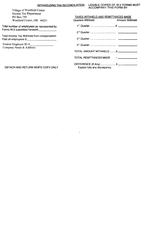 Withholding Tax Reconciliation Form - Village Of Westfield Center, Ohio Income Tax Department Printable pdf