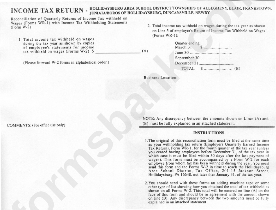 Income Tax Return Form - Hollidaysburg Area School District, Pennsylvania