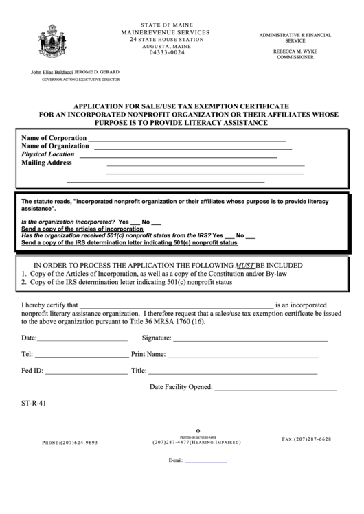 Form St-R-41 - Application For Sale/use Tax Exemption Certificate For An Incorporated Nonprofit Organization Or Their Affiliates Whose Purpose Is To Provide Literacy Assistance Printable pdf