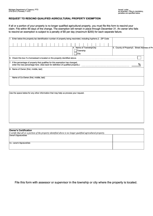 Form 2743 (Formerly T-1072) - Request To Rescind Qualified Agricultural Property Exemption - 2001 Printable pdf
