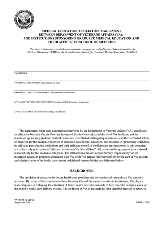 Fillable Va Form 10-0094a - Medical Education Affiliation Agreement Between Department Of Veterans Affairs (Va), And Institutions Sponsoring Graduate Medical Education And Their Affiliated School Of Medicine Printable pdf