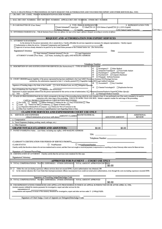 Fillable Form Ocja 31 - Death Penalty Proceedings: Ex Parte Request For Authorization And Voucher For Expert And Other Services Printable pdf
