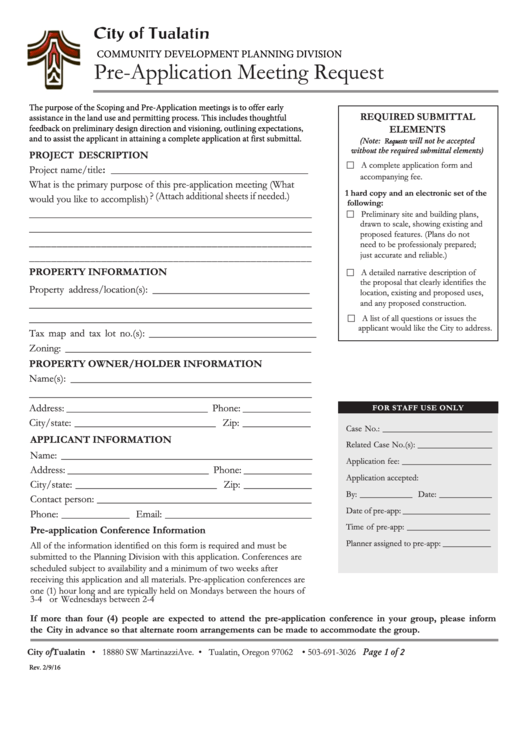 Pre-Application Meeting Request Form - City Of Tualatin Community Development Planning Division Printable pdf