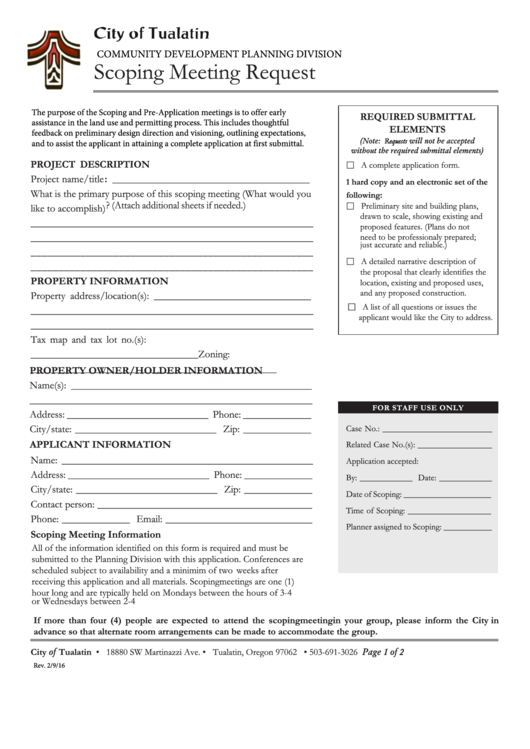 Scoping Meeting Request Form - City Of Tualatin Community Development Planning Division Printable pdf