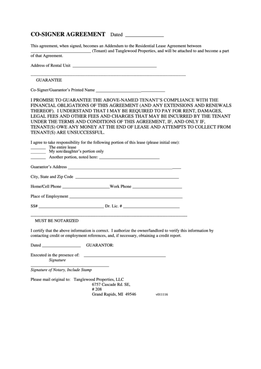CoSigner Agreement Template printable pdf download