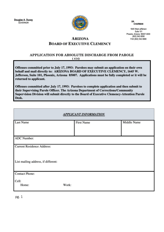 Application For Absolute Discharge From Parole - Arizona Board Of Executive Clemency Printable pdf