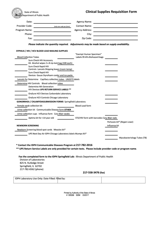 Clinical Supplies Requisition Form - Illinois Department Of Public Health