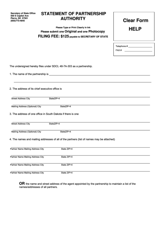 Fillable Statement Of Partnership Authority Form - Secretary Of State Office Printable pdf