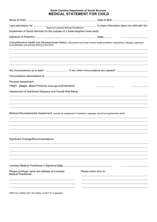 Fillable Dss Form 30202 - Medical Statement For Child - South Carolina Department Of Social Services Printable pdf