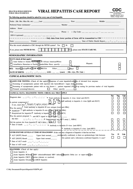 Form Cdc - Viral Hepatitis Case Report Printable pdf