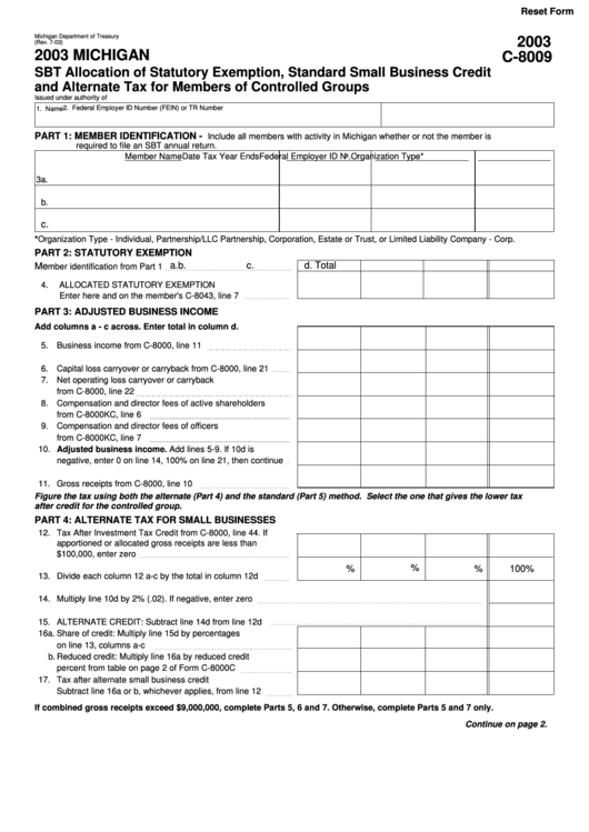 Form C-8009 - Michigan Sbt Allocation Of Statutory Exemption, Standard Small Business Credit, And Alternate Tax For Members Of Controlled Groups - 2003