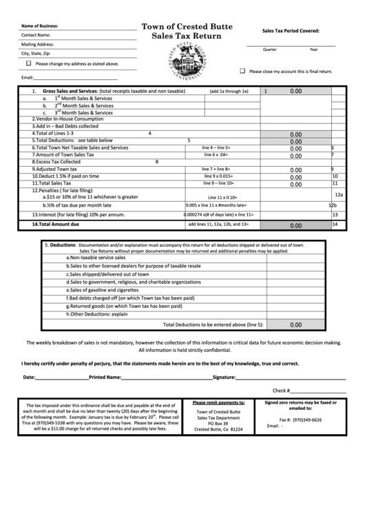 Fillable Sales Tax Return Form - Town Of Crested Butte Printable pdf