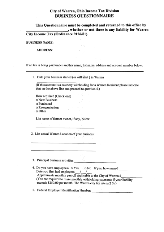 Business Questionnaire - City Of Warren Printable pdf