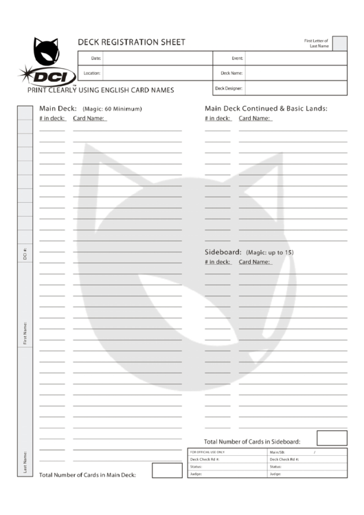 Deck Registration Sheet Printable pdf