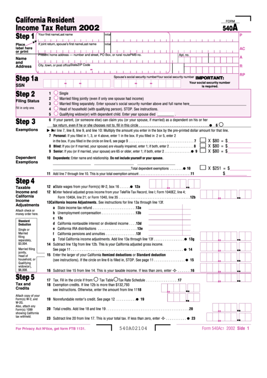 Form 540a - California Resident Income Tax Return - 2002 Printable pdf