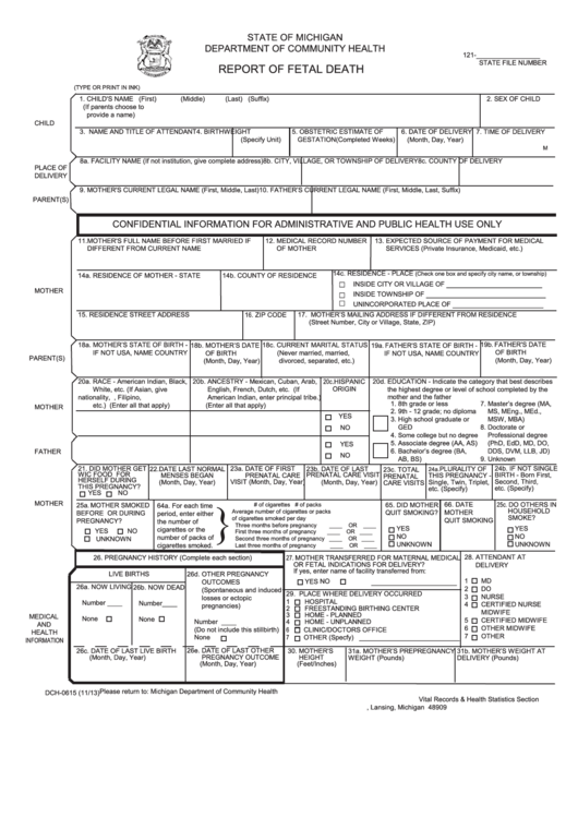 Form Dch-0615 - Report Of Fetal Death - Michigan Department Of Community Health Printable pdf