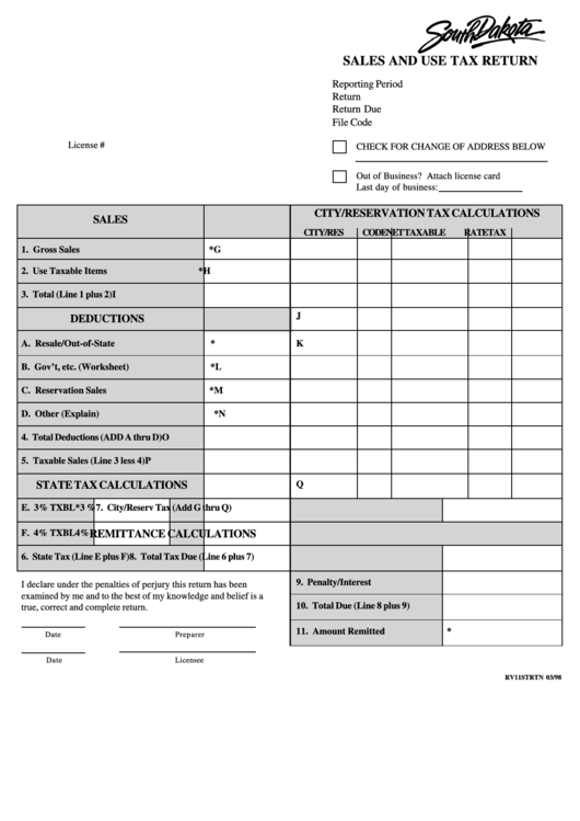 Form Rv11strtn - Sales And Use Tax Return Printable pdf