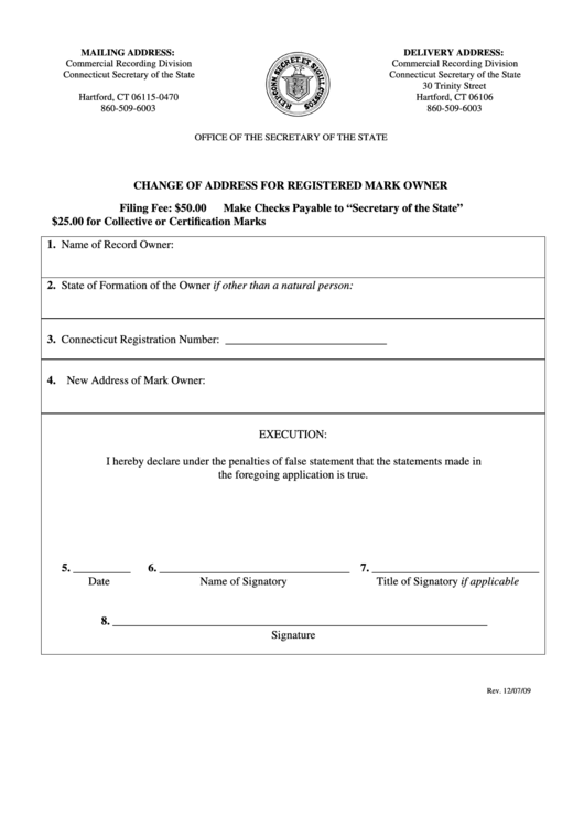 Change Of Address For Registered Mark Owner Form - Connecticut Secretary Of The State Printable pdf
