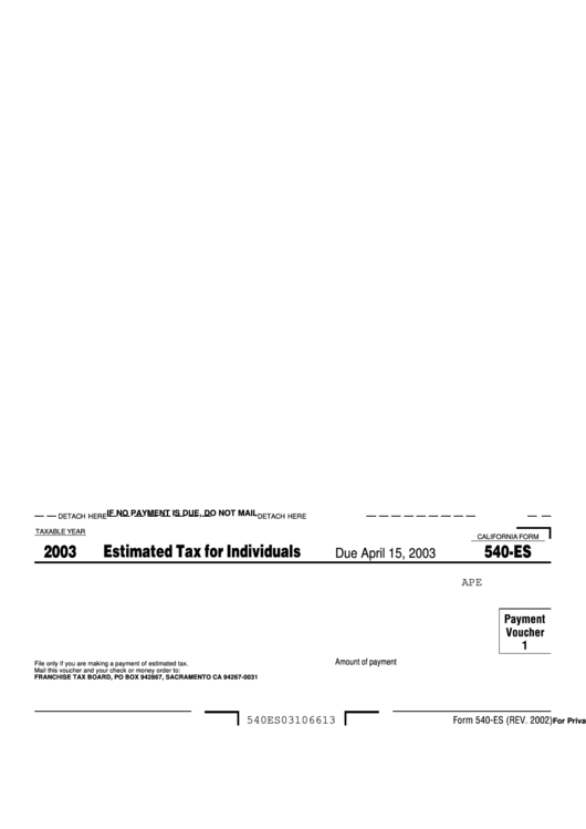 Form 540-Es - Estimated Tax For Individuals - 2003 Printable pdf