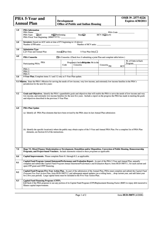 Fillable Form Hud-50075 - Year And Annual Plan - U.s. Department Of Housing And Urban Development Printable pdf