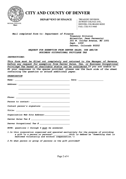 Request For Exemption From Denver Sales, Use And/or Business Occupational Privilege Tax Form - City And County Of Denver Printable pdf