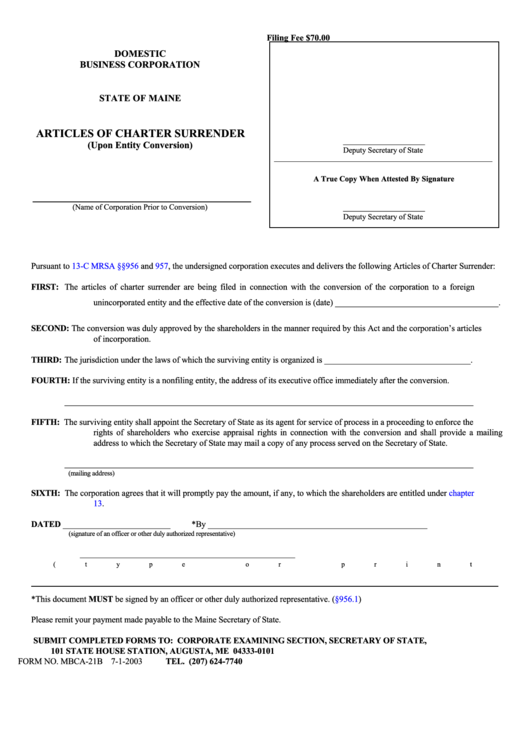 Fillable Form Mbca-21b - Domestic Business Corporation Articles Of Charter Surrender (Upon Entity Conversion) Printable pdf