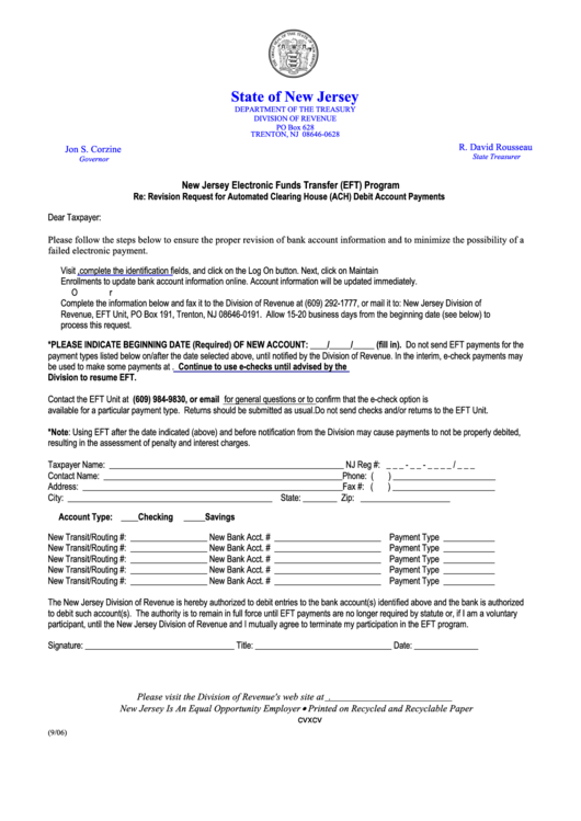 Fillable Revision Request For Automated Clearing House (Ach) Debit Account Payments Form - New Jersey Department Of The Treasury Printable pdf