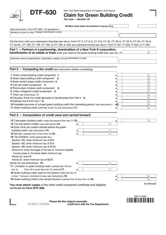 Fillable Form Dtf-630 - Claim For Green Building Credit - 2011 Printable pdf