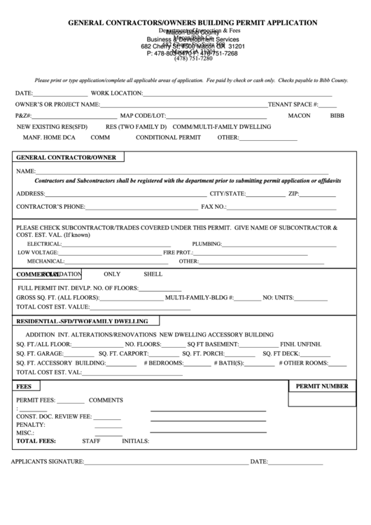 Fillable General Contractors/owners Building Permit Application - Macon-Bibb County Printable pdf