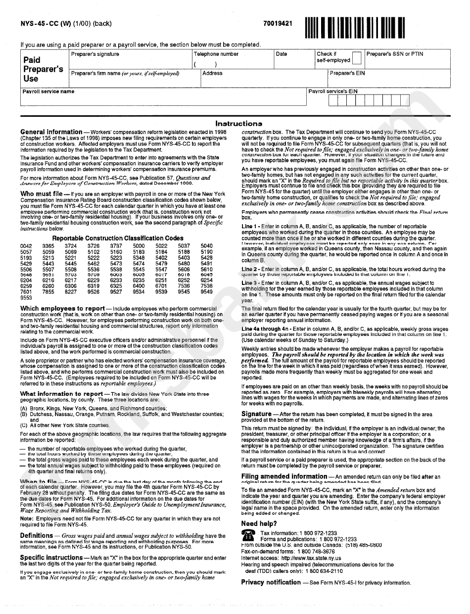 Form Nys-45-Cc (W) - Quarterly Supplemental Return For Construction Employers