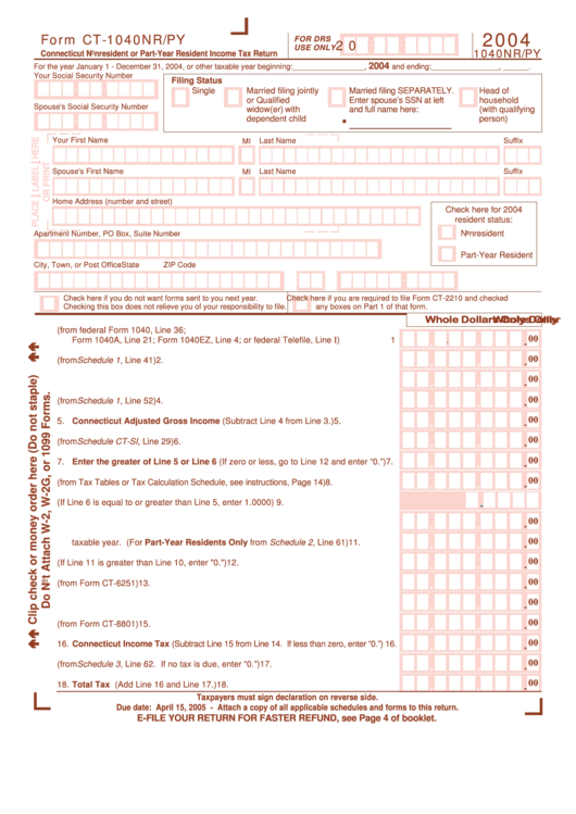 Form Ct-1040nr/py - Connecticut Nonresident Or Part-Year Resident Income Tax Return - 2004 Printable pdf