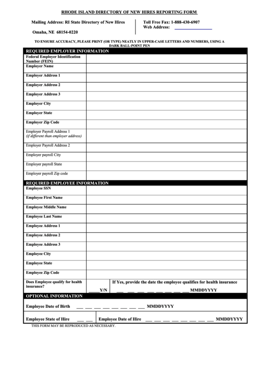 Rhode Island Directory Of New Hires Reporting Form Printable pdf