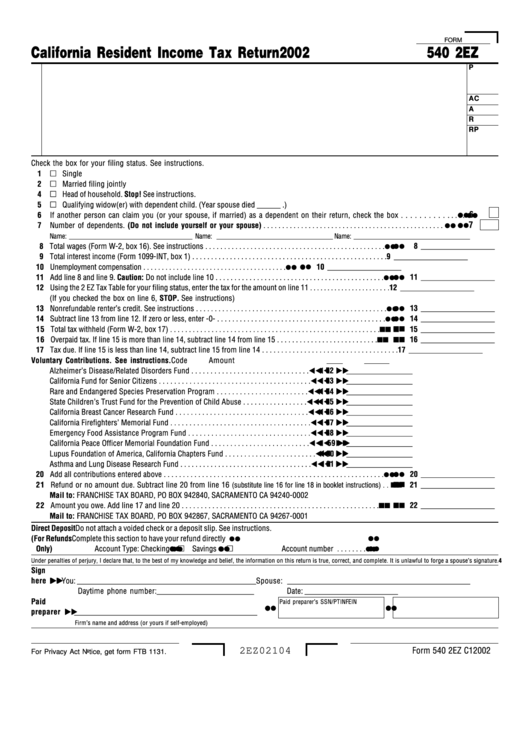 Form 540 2ez - California Resident Income Tax Return - 2002 Printable pdf