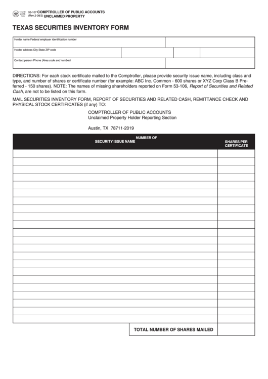 Fillable Form 53-107 - Texas Securities Inventory Form Printable pdf