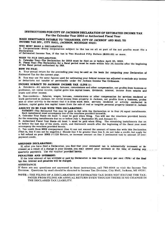 Instructions For City Of Jackson Declaration Of Estimated Income Tax - 2003 Printable pdf